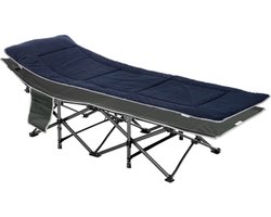 Opvouwbaar kampeerbed, kampeerbed, opvouwbaar bed met kussen, zijvak, matras, logeerbed, draagvermogen tot 150 kg, reizen, outdoor, Oxford donkerblauw + grijs, 188 x 64,5 x 53 cm