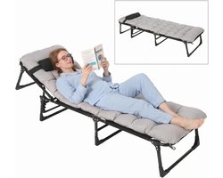 Opvouwbaar kampeerbed met matras - Stevig, draagbaar opvouwbaar bed met kussen - in 5 standen verstelbaar - draagvermogen 400 lbs - 200 × 68 × 32 cm - grijs