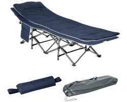 Opvouwbaar kampeerbed, veldbed, opklapbed met kussen, zijvak, matras, logeerbed, draagvermogen tot 150 kg, reis, outdoor, Oxford donkerblauw, 188 x 64,5 x 53 cm