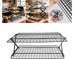 Opvouwbaar koelrek met 2 lagen - Plank - Taartrooster - afkoelrooster - keukenrooster - Metaal - Zwart