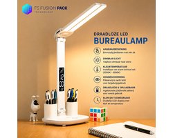 Opvouwbaar LED Bureaulamp Flexibel, Draadloos & Oplaadbaar FS Fusion Pack Dubbele LED Bureaulamp met Klok – Draadloze Oplaadbare Tafellamp 2000mAh – Flexibele Dubbele Leeslamp – Touch Bediening – Dimbaar – Warm Wit & Daglicht – Studielamp-Bureaulamp