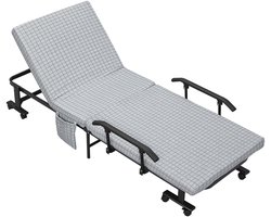 Opvouwbaar logeerbed met wielen 190x76x33cm Grijs 5-standen verstelbare rugleuning Stevige en duurzame metalen constructie Met opbergzakken Verrijdbaar ontwerp Ruimtebesparend Geschikt voor woonkamer slaapkamer en tijdelijk logeerbed