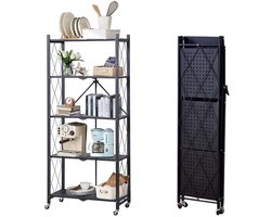 Opvouwbaar metalen opbergrek met wieltjes | 5 lagen | 272kg draagvermogen | 71x38x160 cm | Geen montage nodig | Zwart | Vrijstaand rek voor voorraadkast, kantoor, kelder