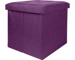 Opvouwbaar paars krukje 30x30x30 cm met deksel en opbergruimte van stof - voetensteun krukje - opvouwbare opbergdoos met holtes