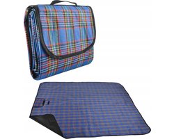 Opvouwbaar Picknick Kleed - Waterdicht - Plastic Buiten Deken - Groot Strand Laken - Festival / Camping Plaid Blanket - Afmeting 180 x 145 cm - Blauw Geruit