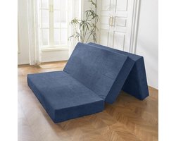 Opvouwbaar Ribfluweel Matras - Driedubbel Vloermatras 10 cm Dik - Met Wasbare Hoes - In Drieën Opvouwbaar - Ruimtebesparend Logeermatras -Blauwe steen - Tweepersoons