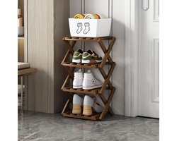 Opvouwbaar schoenenrek, hoge verticale schoenenorganizer van bamboe voor kleine ruimtes. Multifunctioneel smal schoenenrek voor entree, kast, hoek, slaapkamer, hal, bruine kleur, 4 lagen.