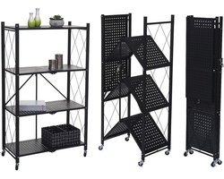 Opvouwbaar Staal Rek - Multifunctioneel Woonrek met 4 Niveaus en Parkeerremmen, Zwart