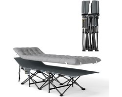 Opvouwbaar veldbed, kampeerbed met matras, kussen en zijvak, 185 x 68 x 37 cm, tot 150 kg, lichtgrijs