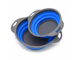 Opvouwbaar Vergiet Set van 2 – Siliconen Vergieten Groot en Klein – Voor Pasta, Groente en Fruit – Ruimtebesparend – Compact voor Keuken, Camping en Camper - Blauw