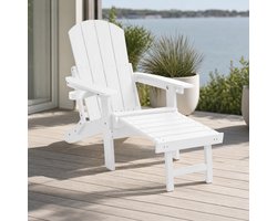 Opvouwbare Adirondack tuinstoel met voetenbank en bekerhouder - witte HIPS kunststof loungestoel, verstelbare relaxstoel voor tuin, terras, veranda en balkon, met hoge rugleuning, outdoor living comfort en onderhoudsarme houtlook, 70 x 87/136 x 91 cm