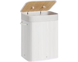 Opvouwbare Bamboe Wasmand Met Deksel, 72 Liter, Uitneembare Waszak, Machinewasbaar, Handgrepen, Ideaal Voor Bijkeuken En Slaapkamer, Wit