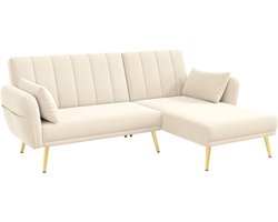 Opvouwbare Bank 191,5x130,5x80cm L-Vormige Bank Bank Slaapbank Beige Fluweel Met Metalen Poten Hoge Poten Geschikt Voor Woonkamer Slaapkamer Home Cinema Gastenkamer
