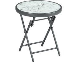Opvouwbare Bijzettafel Met Marmerlook Glasplaat - Ronde Balkon Tafel Wit 45x45x50 cm - Kleine Campingtafel Voor Terras Woonkamer En Tuin