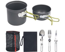 opvouwbare campingpan, outdoor, met opvouwbare mes, vork, campingservies, campingservies, campingservies van aluminium, met inklapbare handgrepen, geschikt voor 1-2 personen