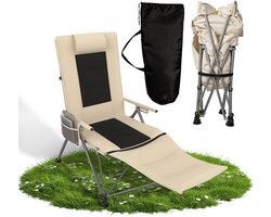 Opvouwbare Campingstoel 2-in-1 – Gevoerde Stof – Strandstoel met Voetensteun – Verstelbare Rug – 150 kg – Creme