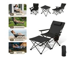 Opvouwbare Campingstoel met Voetensteun – Verstelbaar 95°–165° – Strandstoel met Hoofdkussen & Bekerhouder – Draagbaar & Comfortabel