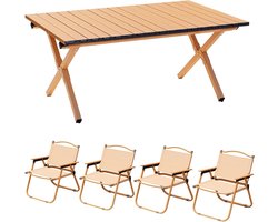 Opvouwbare campingtafel - Kampeertafel met stoelen - Buiten eten - Stabiele driehoekige structuur - 90cm met 4 stoelen - Houtkleur