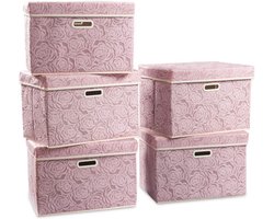 Opvouwbare Decoratieve Opbergdozen Set van 5 - Roze Organizers voor Kleding en Huisdecoratie - Kubusvormige Opbergbakken met Deksel en Handgrepen (45x30x30cm)