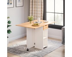 Opvouwbare eet- en multifunctionele tafel met lade en planken, ruimtebesparende keukentafel voor 1-6 personen, wit en rood eiken, 72 x 120 x 75 cm – Meda Home Store