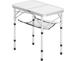 Opvouwbare kampeertafel, in hoogte verstelbare draagbare bijzettafel, aluminium MDF-buitentafel met gaasplank, draaggreep, lichtgewicht en compact voor picknicks, barbecues en koken, 61 x 41 cm, zilverkleurig
