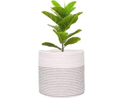 Opvouwbare Katoenen Plantenpot met Voering - Witte Geweven Opbergmand voor Kamerplanten - 20 x 20 cm
