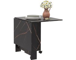 Opvouwbare keukentafel/eettafel – voorzien van 2 uitklapbare tafelvleugels – 2 wieltjes met rem – geschikt voor 6 personen – draagvermogen 20 kg – afmetingen 120 x 80 x 73 cm – imitatie zwart marmerpatroon