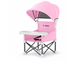 Opvouwbare Kinderstoel Baby met Zonneluifel en Dienblad – Draagbare Strandstoel voor Baby en Peuter – Campingstoel met Veiligheidsgordel voor Strand, Picknick, Tuin en Vakantie – Roze