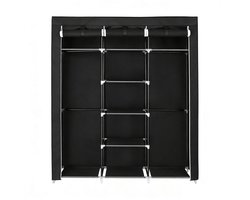 Opvouwbare kledingkast, stoffen kast, inklapbare kledinghanger 175×150×45 cm, zwart, 2 hangstangen, grote opbergruimte, afneembaar gordijn, stof- en vochtafstotend, lichtgewicht en stevig, geschikt voor slaapkamer en kinderkamer