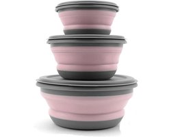 Opvouwbare kommen met deksel - Set van 3 opvouwbare kampeerkommen - Draagbare saladekommen - Ronde voedselcontainers - voor kamperen - wandelen - keuken - school - buiten - roze