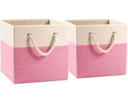 Opvouwbare kubusvormige opbergbakken – 2 pakketten – Stoffen en linnen manden met katoenen handgrepen – Organizer voor speelgoedkast en slaapkamer – Roze – 30 x 30 cm
