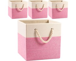 Opvouwbare kubusvormige opbergbakken - 4 stoffen en linnen manden met katoenen handgrepen, organizer voor speelgoed, slaapkamer, 30x30 cm, roze