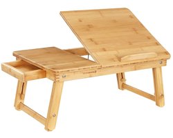Opvouwbare Laptoptafel Bedtafel Met Lade En 5 Verstelbare Hoekbladen 54,5x34,5x21-29 Cm Naturel Bamboeraamwerk Stevig Duurzaam Ruimtebesparend Slaapkamer Woonkamer Studiekamer