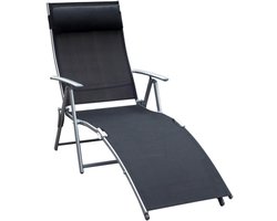 Opvouwbare ligstoel met kussen, 137 x 63,5 x 100,5 cm, metaal en zwarte stof, voor strand en terras.