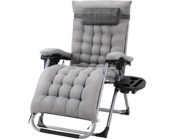 Opvouwbare Ligstoel – Verstelbare Tuinstoel met Hoofdsteun & Bekerhouder – Stoel Inklapbaar - Comfortabel Ligbed met Afneembaar Katoenen Kussen – Extra Ruim, 160 kg Draagvermogen – Grijs