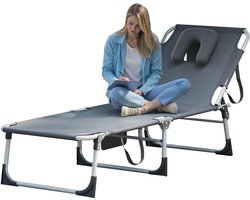 Opvouwbare Ligstoel, Zwembad met Tas, Hoofdsteun, Gezichtsgat, Verstelbare Rugleuning, Relaxstoel van Metalen Frame, Donkergrijs Campingstoel, Zonnebad voor Tuin/Buiten/Terras, NAIZY