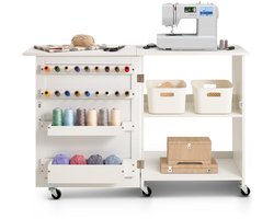 Opvouwbare Naaitafel, Multifunctioneel Compact Design - Met Wieltjes, Planken en Opbergvakken - Witte Kleur