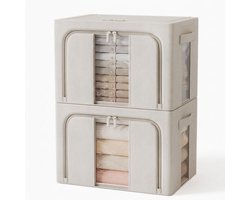 Opvouwbare opbergboxen - Opbergtas - Set van 2 - 66 liter per box - 50 x 40 x 33 cm - Kledingkast Organizer – Zichtvenster – Ritssluiting – Versterkte Handgrepen – Stapelbaar – Beddengoed & Verhuizing - Voor- en bovenopening - Kijkvensters - Beige