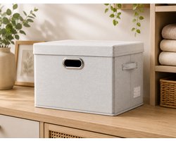 Opvouwbare opbergdoos met deksel, linnen stof organizer, kubus met handvatten, beige, 43x30x30 cm