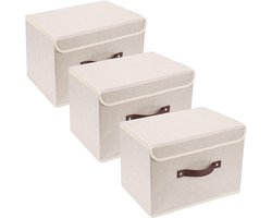 Opvouwbare Opbergdoos met Deksel - Set van 3 - Beige - Stoffen Opbergbak - 38x25x25 cm