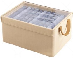 Opvouwbare opbergdoos met doorzichtig venster, stoffen organizer met handgrepen (beige, 40 × 27 × 21 cm)