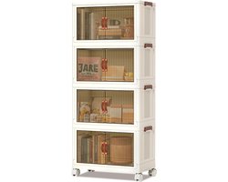 Opvouwbare Opbergkast Scandinavisch, Modulaire kinderkledingkasten,PP Kunststof Dichte Kast met Geribbelde Transparante Dubbele Deuren en Wieltjes,Crèmewit,65 x 42 x 145.5 cm
