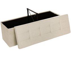 Opvouwbare opbergpoef 110×38×38 cm beige, 120L grote capaciteit, 300 kg draagvermogen, stabiele plankconstructie, imitatie-linnen kussen, multifunctioneel voor hal, woonkamer en slaapkamer