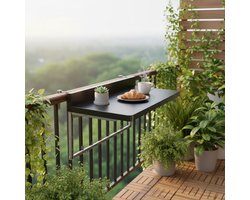 Opvouwbare Outdoor Balkon Bartafel – Verstelbare Hangende Leuningtafel 80×40 cm – Ruimtebesparende Inklapbare Eettafel voor Balkon, Terras & Patio – Weerbestendig Aluminium Frame & Houtlook Tafelblad – Zwart – NoviHome