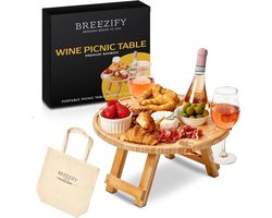 Opvouwbare picknicktafel - Draagbare bijzettafel - Buiten genieten - Met glazen houders - 39x39x19 cm - Natuurlijk Bamboe