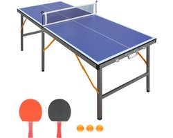 Opvouwbare pingpongtafel met net en batjes, tafeltennistafel voor binnen en buiten, blauw speeloppervlak, inclusief 2 batjes en ballen, extra stabiel ontwerp met 6 poten voor kinderen en volwassenen