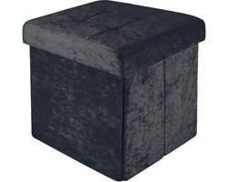 Opvouwbare poef in fluweelzwart - 30x30x30 cm - Zitkubus met opbergruimte - Voetensteun - Kubus kist - Stof met holtes
