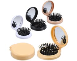 Opvouwbare reisspiegel haarborstels - Mini ronde pop-up zakborstel voor vrouwen, compacte haarmassagekam voor nat en droog haar, ideaal voor onderweg (geel, koffie, zwart, wit)