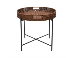 Opvouwbare Ronde Bijzettafel – Gevlochten Rotan Look Salontafel met Afneembaar Dienblad – Voor Woonkamer en Slaapkamer – Multicolor (Zwart/Bruin)