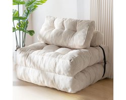 Opvouwbare Slaapbank Beige – Converteerbare Slaapstoel met Kussen – Vloerstoel, Stoelbed en Vloermatras met Rugsteun voor Woonkamer en Slaapkamer